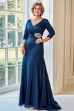 Robe de mère de la mariée en satin brodé brodé en satin bleu marine