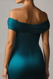 Robe formelle en satin froncé épaule large sirène bleu paon