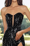 Robe de bal noire à paillettes sans bretelles avec fente