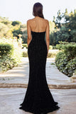 Robe de bal noire à paillettes sans bretelles avec fente