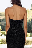 Robe de bal noire à paillettes sans bretelles avec fente