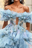 Floral Bleu Dénudée Épaule Une Robe De Bal À Volants Trapèze