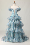 Floral Bleu Dénudée Épaule Une Robe De Bal À Volants Trapèze