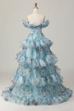 Floral Bleu Dénudée Épaule Une Robe De Bal À Volants Trapèze