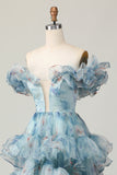 Robe de bal trapèze à volants et épaules dénudées à fleurs bleues