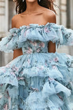 Robe de bal asymétrique en organza bleu à volants à épaules dénudées