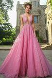Robe de bal fuchsia à col en V une ligne en dentelle appliquée