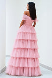 Tulle plissé Une ligne à épaules dénudées Robe de bal rose