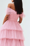 Tulle plissé Une ligne à épaules dénudées Robe de bal rose