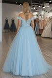 Dentelle Tulle Une Ligne Bleu Ciel Épaule Dénudée Robe de Bal