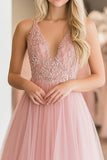 Une ligne dentelle appliques tulle rose col V profond robe de bal