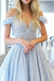 Princesse bleu ciel à épaules dénudées dentelle applique robe longue de bal
