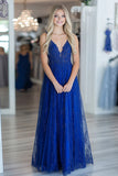 Bleu royal une ligne spaghetti bretelles dentelle applique robe longue de bal