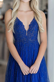 Bleu royal une ligne spaghetti bretelles dentelle applique robe longue de bal