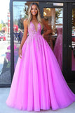 Princesse fuchsia Spaghetti Bretelles Tulle Robe Longue de Bal Avec Appliques