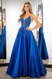 Princesse en satin bleu royal spaghetti bretelles robe de bal avec appliques