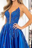 Princesse en satin bleu royal spaghetti bretelles robe de bal avec appliques