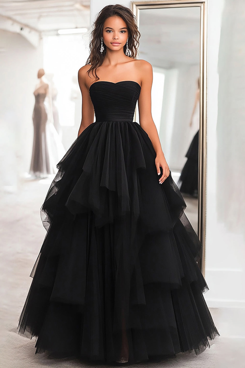 Princesse Robe de bal longue sans bretelles en tulle noir à volants