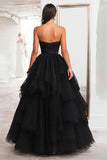 Princesse Robe de bal longue sans bretelles en tulle noir à volants