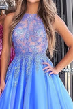 Robe de bal princesse en dentelle dentelle dégagée bleue avec appliques