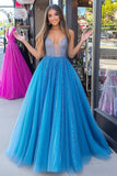 Robe longue de bal en tulle à sequins à col en V princesse bleue scintillante