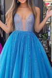 Robe longue de bal en tulle à sequins à col en V princesse bleue scintillante