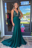 paillettes vert foncé sirène spaghetti bretelles satin longue robe de bal avec appliques