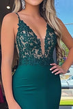 paillettes vert foncé sirène spaghetti bretelles satin longue robe de bal avec appliques