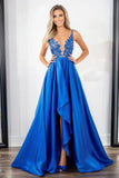 Robe de bal asymétrique en dentelle de satin bleu royal à col en V avec fente