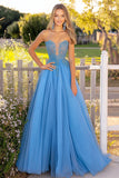 Princesse bleue Sweetheart Tulle Robe Longue de Bal avec Appliques de Dentelle