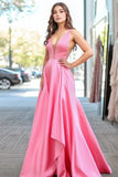 Robe de bal longue en satin rose à col en V avec fermeture éclair au dos