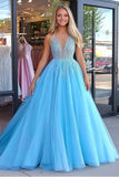 Princesse Robe de Bal Longue Applique Dentelle Tulle Bleu