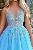 Princesse Robe de Bal Longue Applique Dentelle Tulle Bleu