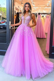 Princesse Robe de Bal Longue En Tulle Fuchsia À Col V Profond Avec Appliques