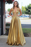 Robe de bal longue en satin à col en V profond doré scintillant