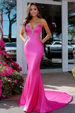 Robe de bal longue en satin sirène fuchsia avec perles