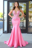 Robe de bal longue en satin de sirène rose à bretelles spaghetti avec appliques