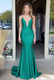 Robe de bal longue en satin à col en V vert simple