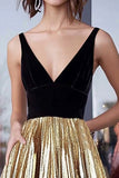 Robe longue de bal plissée trapèze en satin métallisé doré
