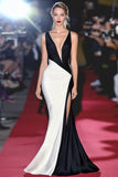 Robe de gala longue fourreau noir et blanc à col en V profond