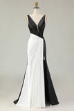 Robe de gala longue fourreau noir et blanc à col en V profond