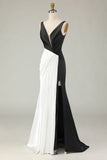 Robe de gala longue fourreau noir et blanc à col en V profond