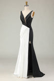 Noir Blanc Fourreau Robe de Gala Longue Col V Profond