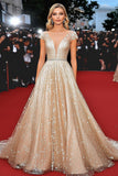 A Line Cap manches Champagne ceinturé longue robe de gala