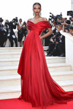 Rouge Épaule Dénudée Robe de Gala A Ligne Ruchée