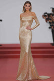Robe de gala fourreau à paillettes à paillettes champagne à manches longues