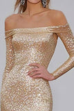 Robe de gala fourreau à paillettes à paillettes champagne à manches longues