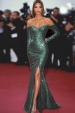 Robe de gala sirène vert foncé à épaules dénudées à paillettes