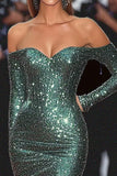 Robe de gala sirène vert foncé à épaules dénudées à paillettes