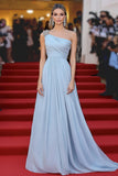 Élégante Robe de Gala En Mousseline De Soie Bleu Ciel Une Ligne Une Épaule